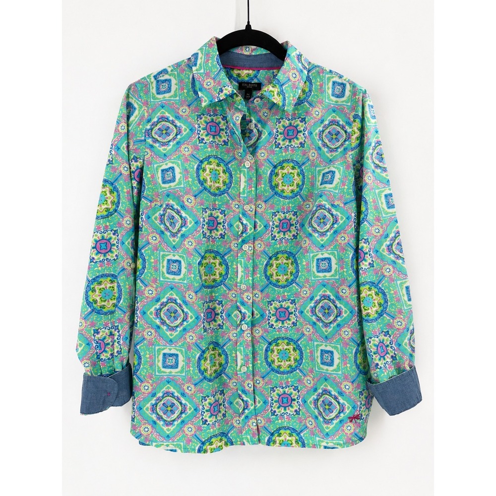 Talbots Button Down Shirt Womens M P Green Pink Medallion Preppy Office